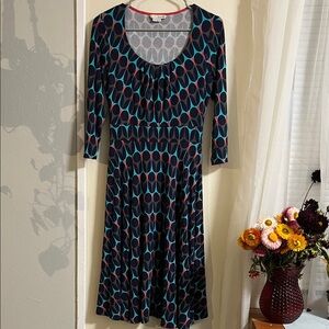 Boden Blue and Red Patterned Long Sleeve Dress